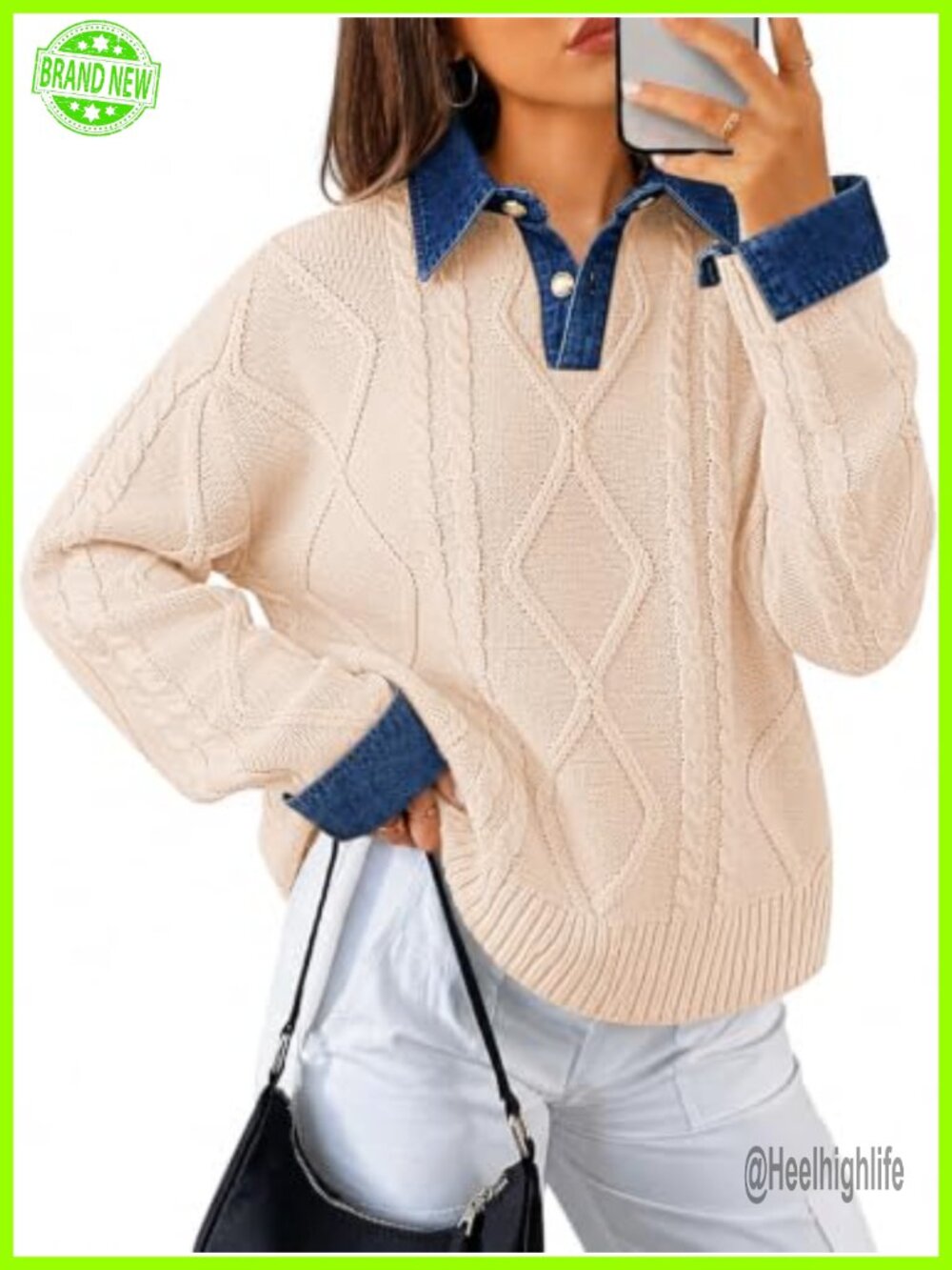 Womens Cable Knit Polo Sweater Oversized Button Down Pullover